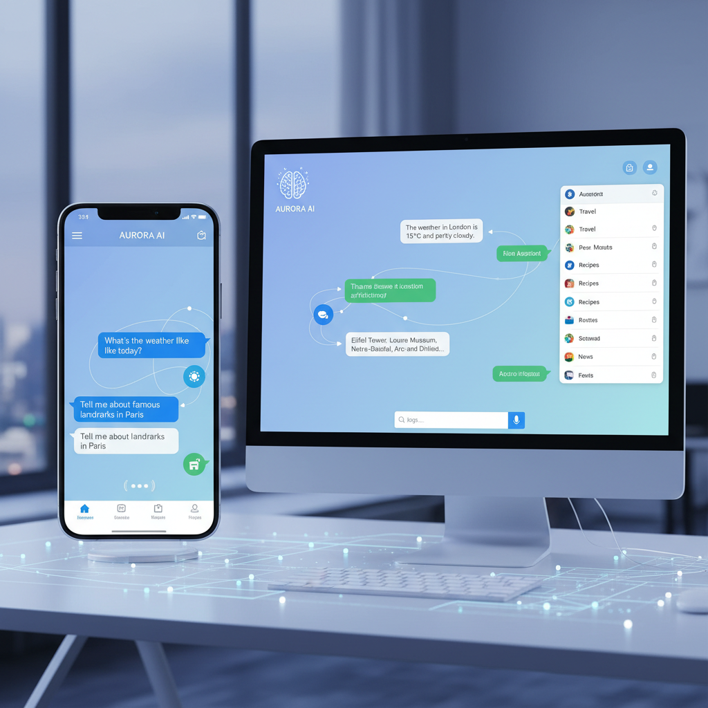 AI chatbot interface showing conversation flow with natural language responses on mobile and desktop devices