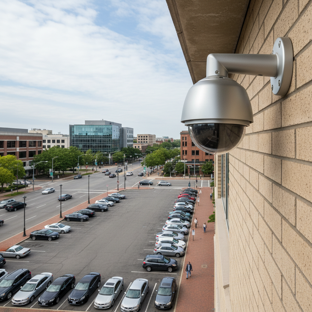 Professional CCTV camera installed on building exterior wall, clear daytime view of parking area