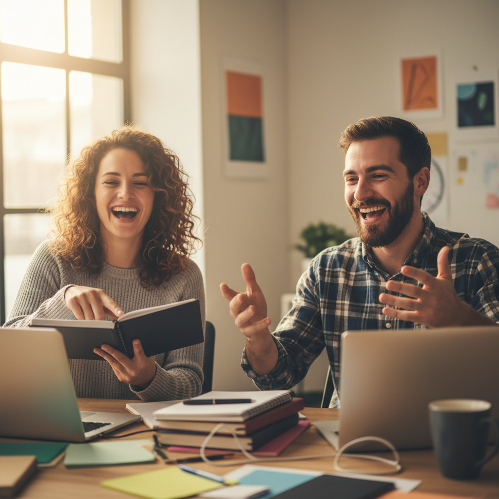 Two founders on video call laughing with notebooks and laptops visible