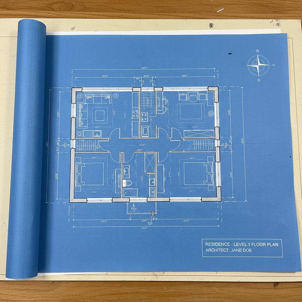 Flat 2D architectural floor plan blueprint printed on paper