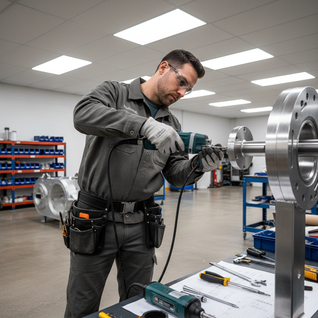 Specialty trade contractor performing precision installation work, professional tools and safety equipment in commercial setting