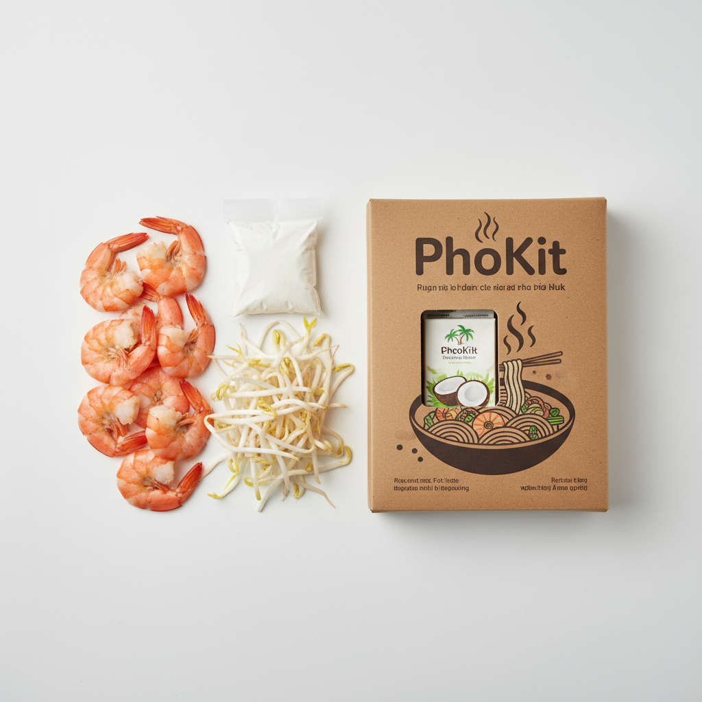 PhoKit box with rice flour packet, coconut milk, fresh shrimp, and bean sprouts