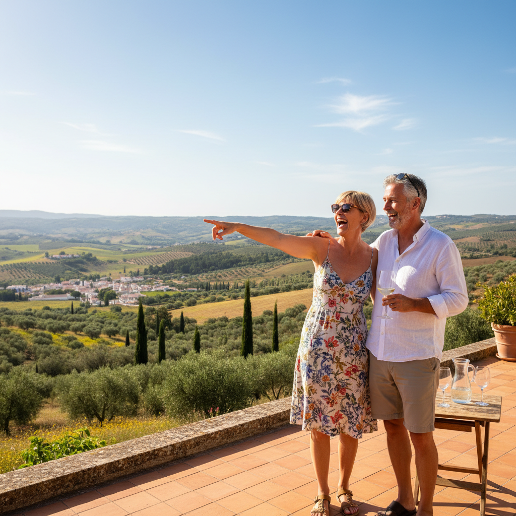 Smiling couple, James and Sarah Whitfield, British property buyers in Marbella