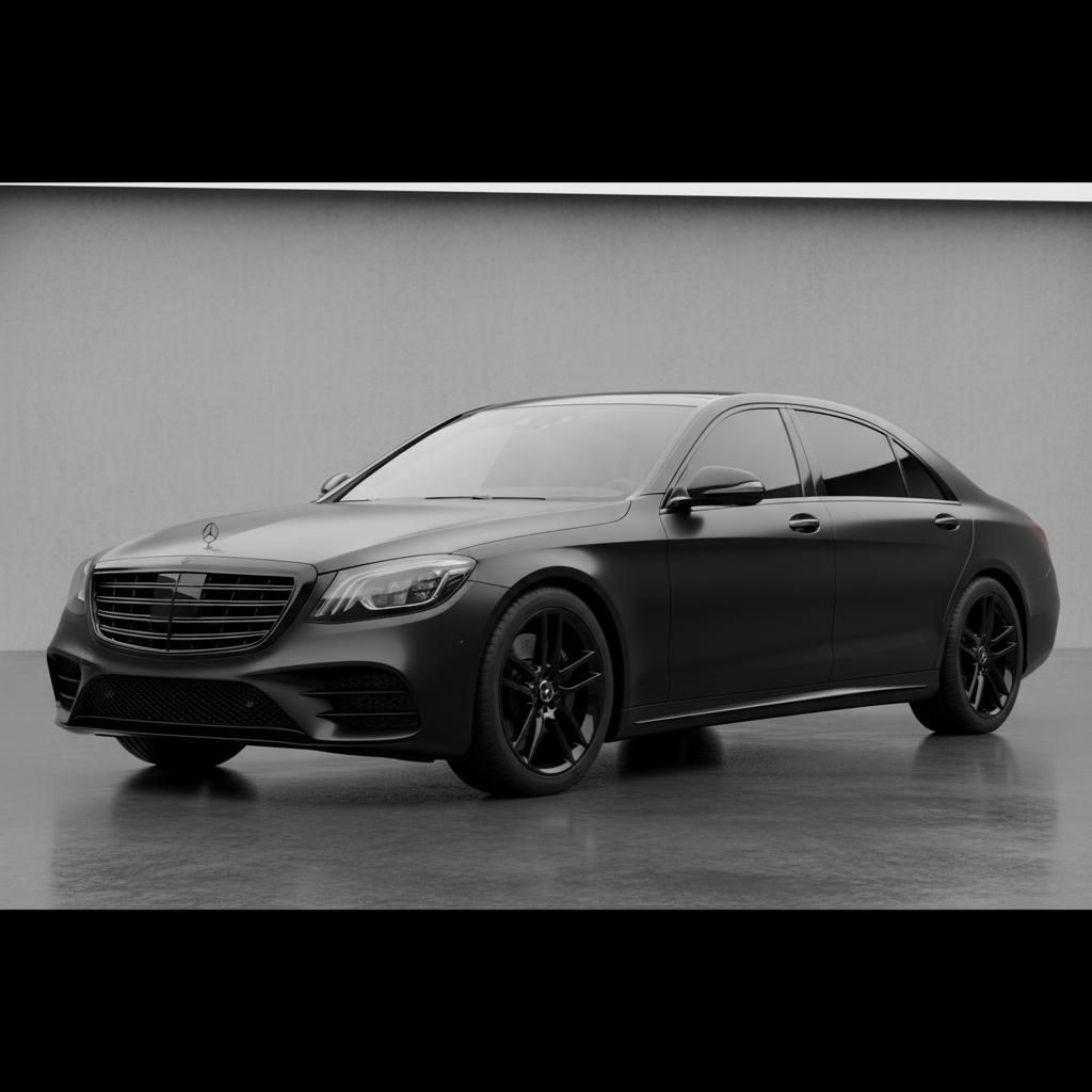 Luxury sedan with vibrant color change wrap, glossy metallic finish, bright studio environment
