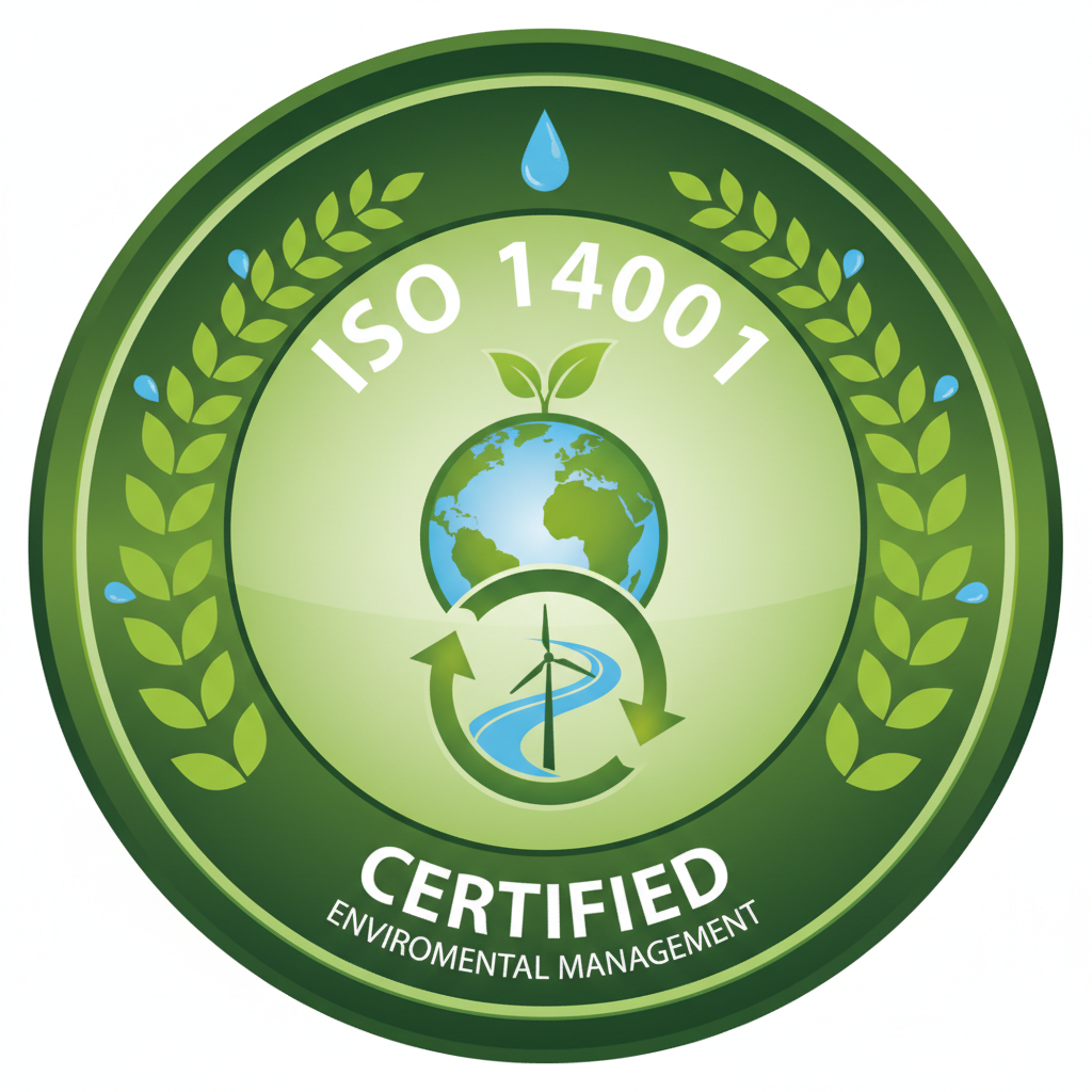 ISO 14001 environmental management certification with blue ISO logo and accreditation marks