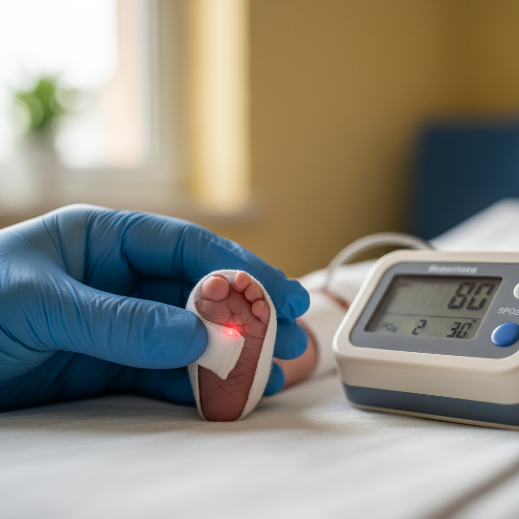 Researcher's gloved hand beside neonatal pulse oximeter, tiny sensor wrapped around an infant foot no larger than a thumb
