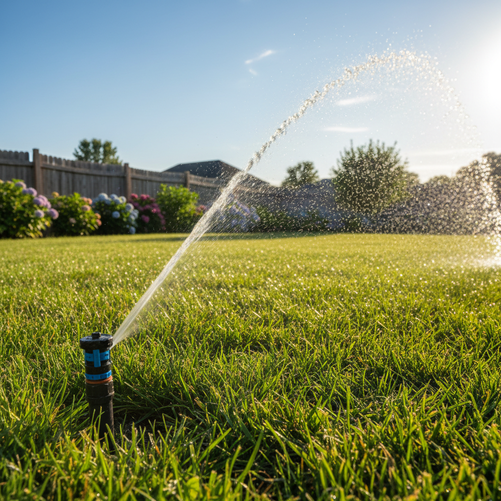Hunter MP Rotator nozzle spraying water in an arc over a green lawn