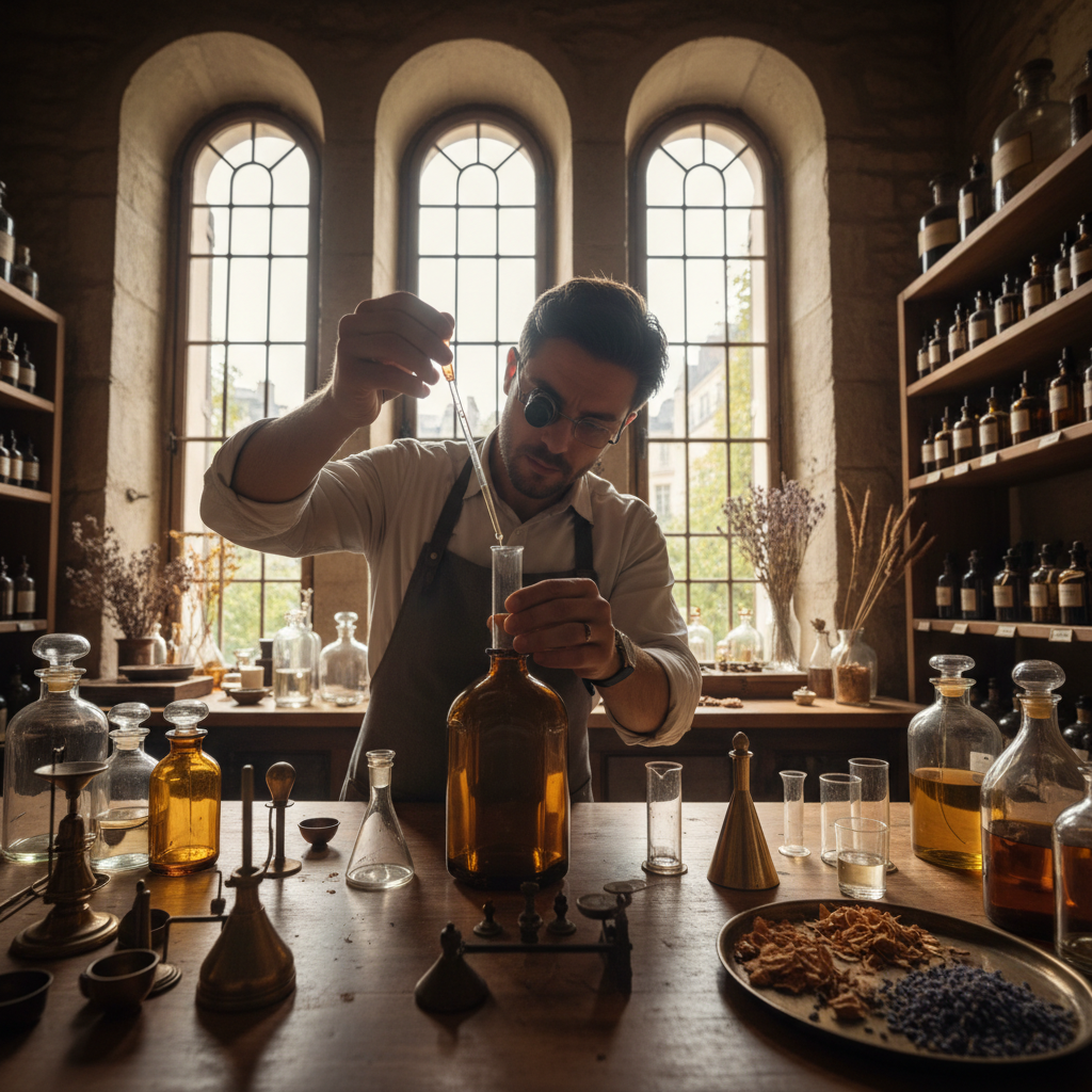Master perfumer at work in dimly lit atelier, focused on blending rare ingredients, dark moody atmosphere