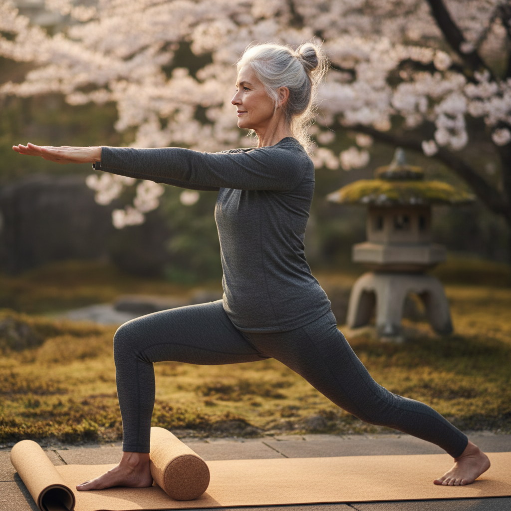 Woman in serene warrior yoga pose on mat with soft golden morning light