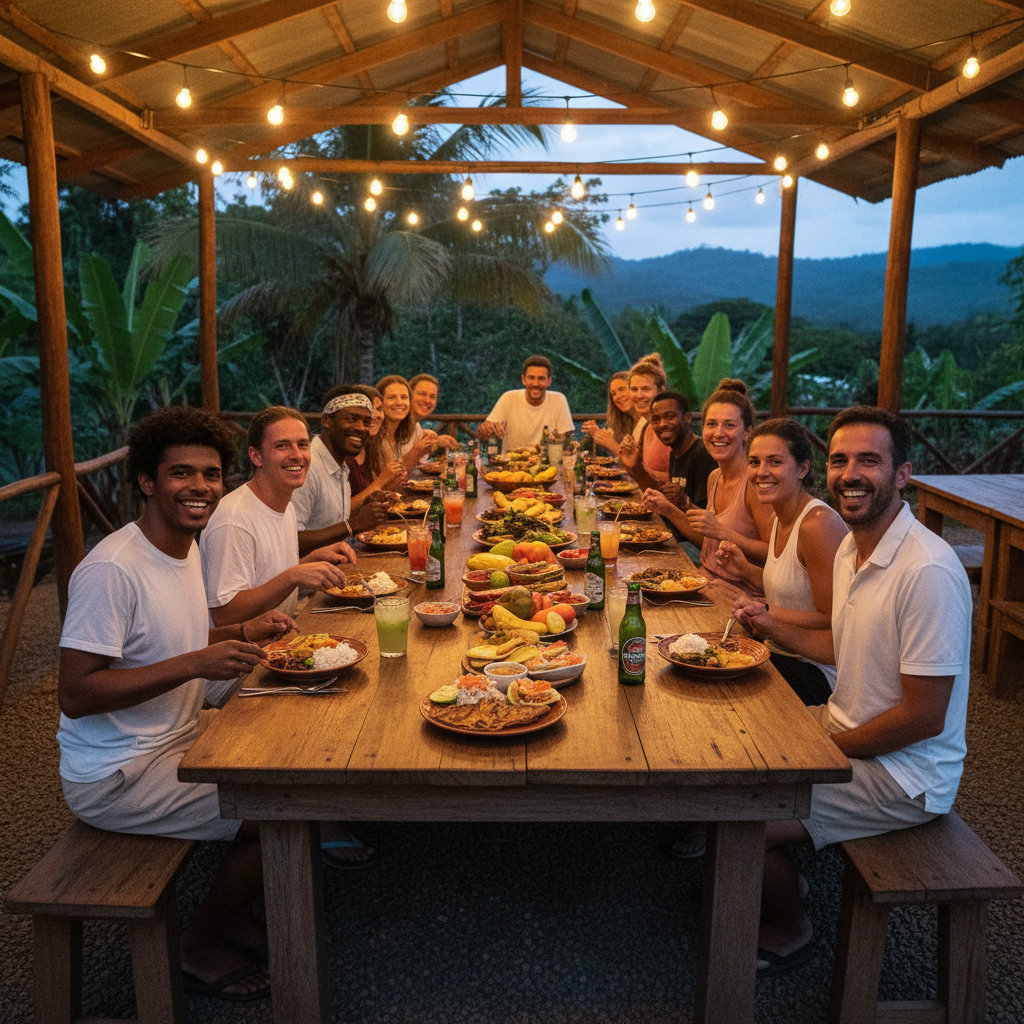 Long communal wooden table lit by string lights in open-air Costa Rica restaurant, travelers sharing food and laughing