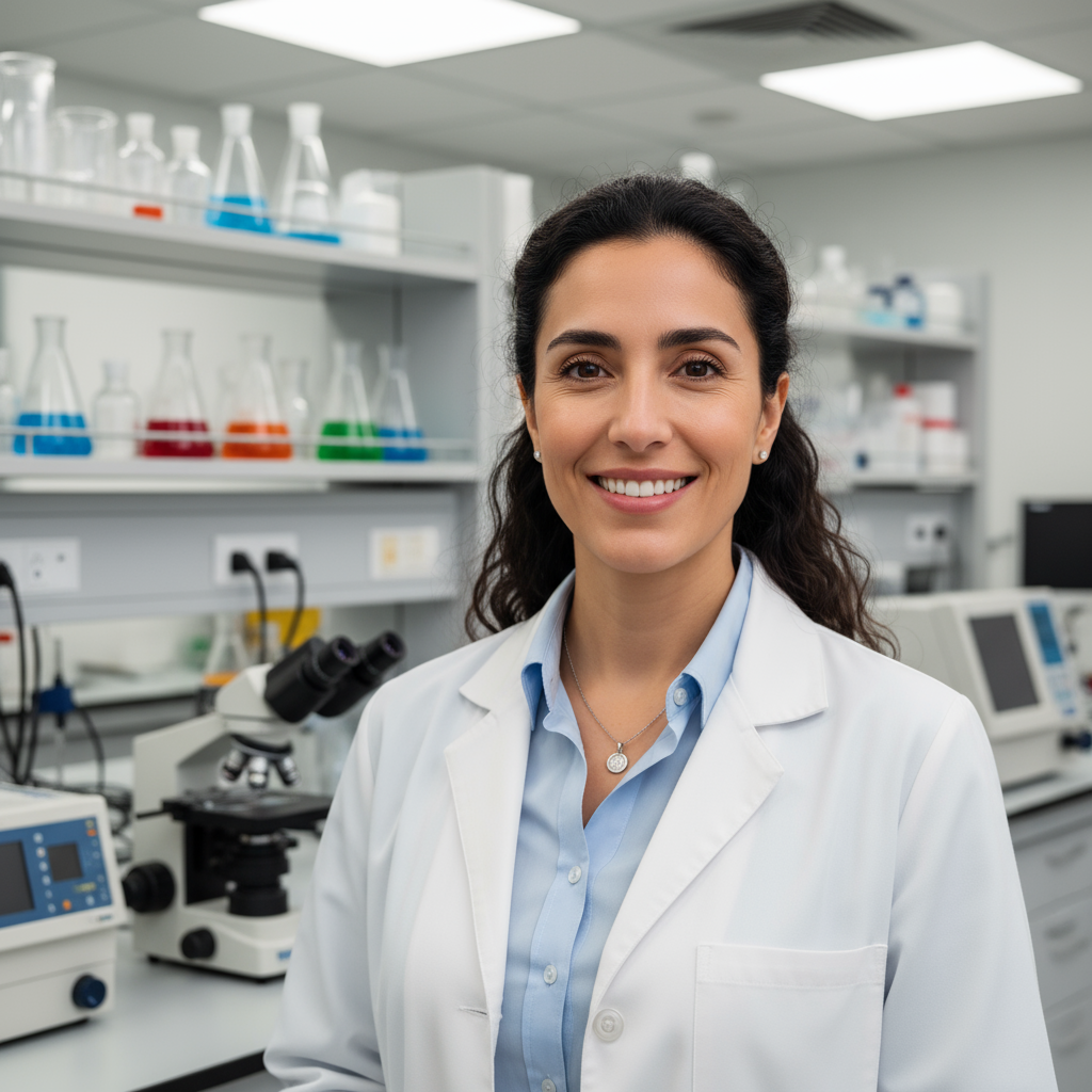 Professional female pharmacist in white coat smiling in modern pharmacy