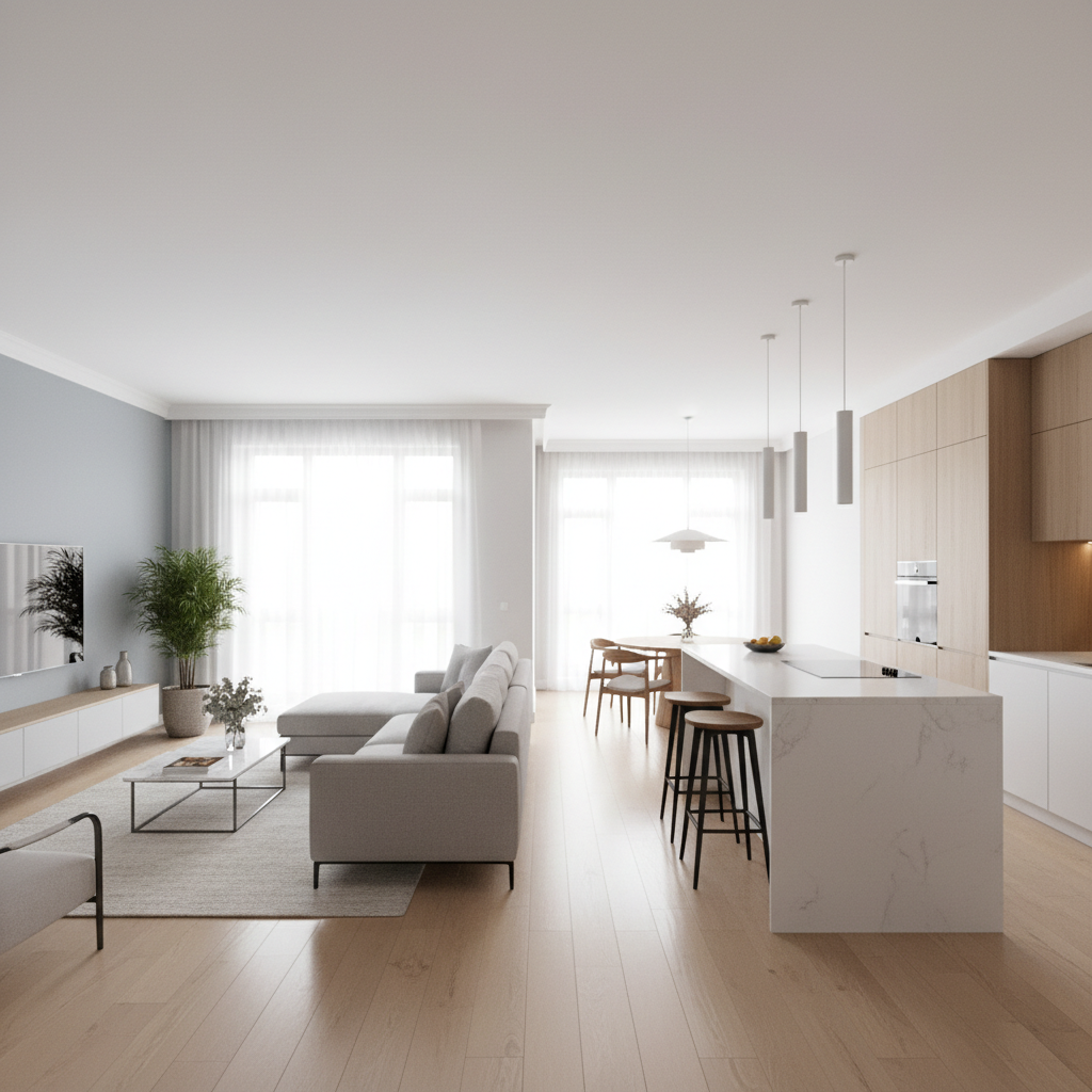 Reforma integral de piso de 90m² en Barcelona Eixample mostrando salón luminoso con cocina abierta integrada