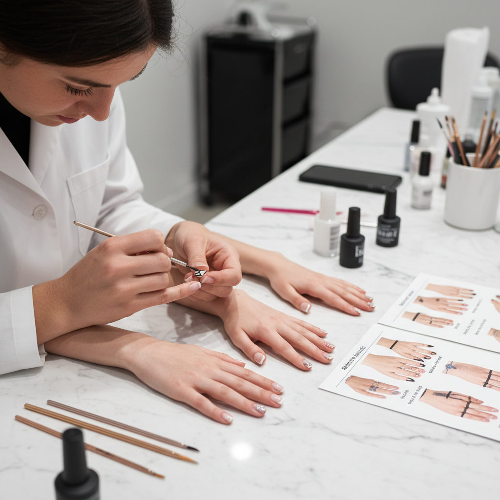 Professional manicurist applying nail polish on a client's hand in an elegant salon