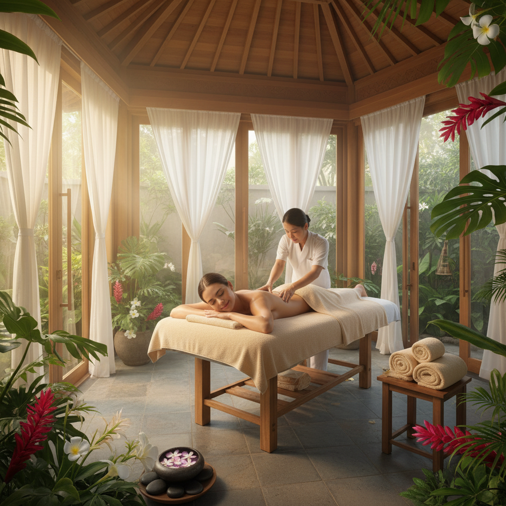 Hands performing deep tissue massage on back in serene spa setting with ocean view through floor-to-ceiling windows