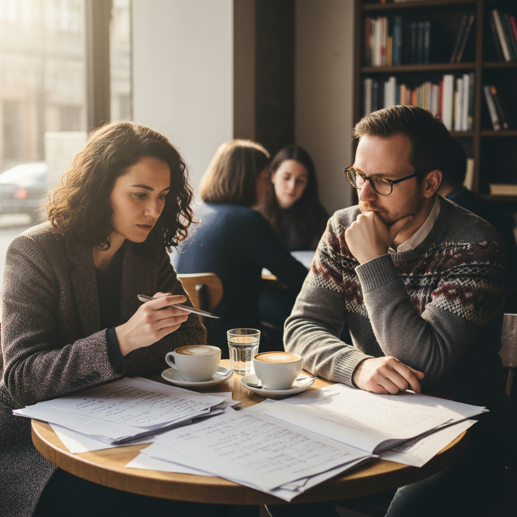 Two physicists in conversation at a café table with papers and coffee cups