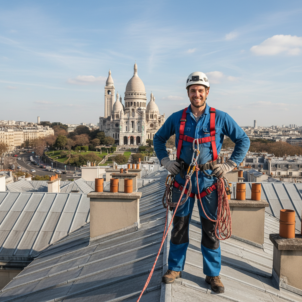 Karim Benali, cordiste CQP2, souriant sur un toit parisien avec Sacré-Cœur en arrière-plan