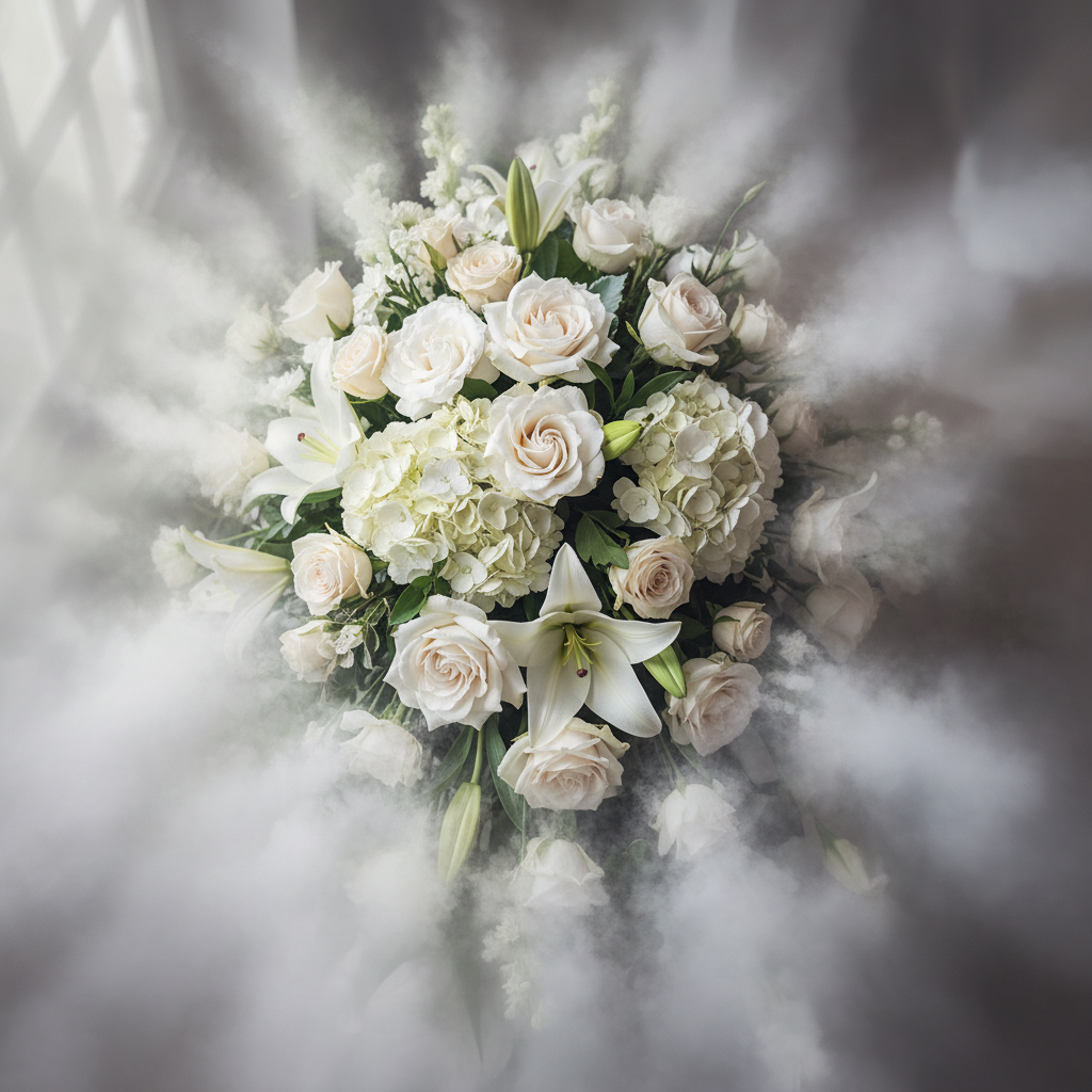 Pale white and cream casket spray flowers photographed from above with shallow depth of field, blooms dissolving into soft texture