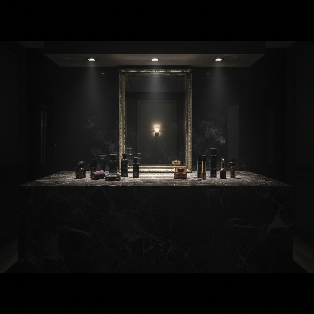 Atmospheric dark beauty counter with moody lighting, shadows on sleek dark marble surface