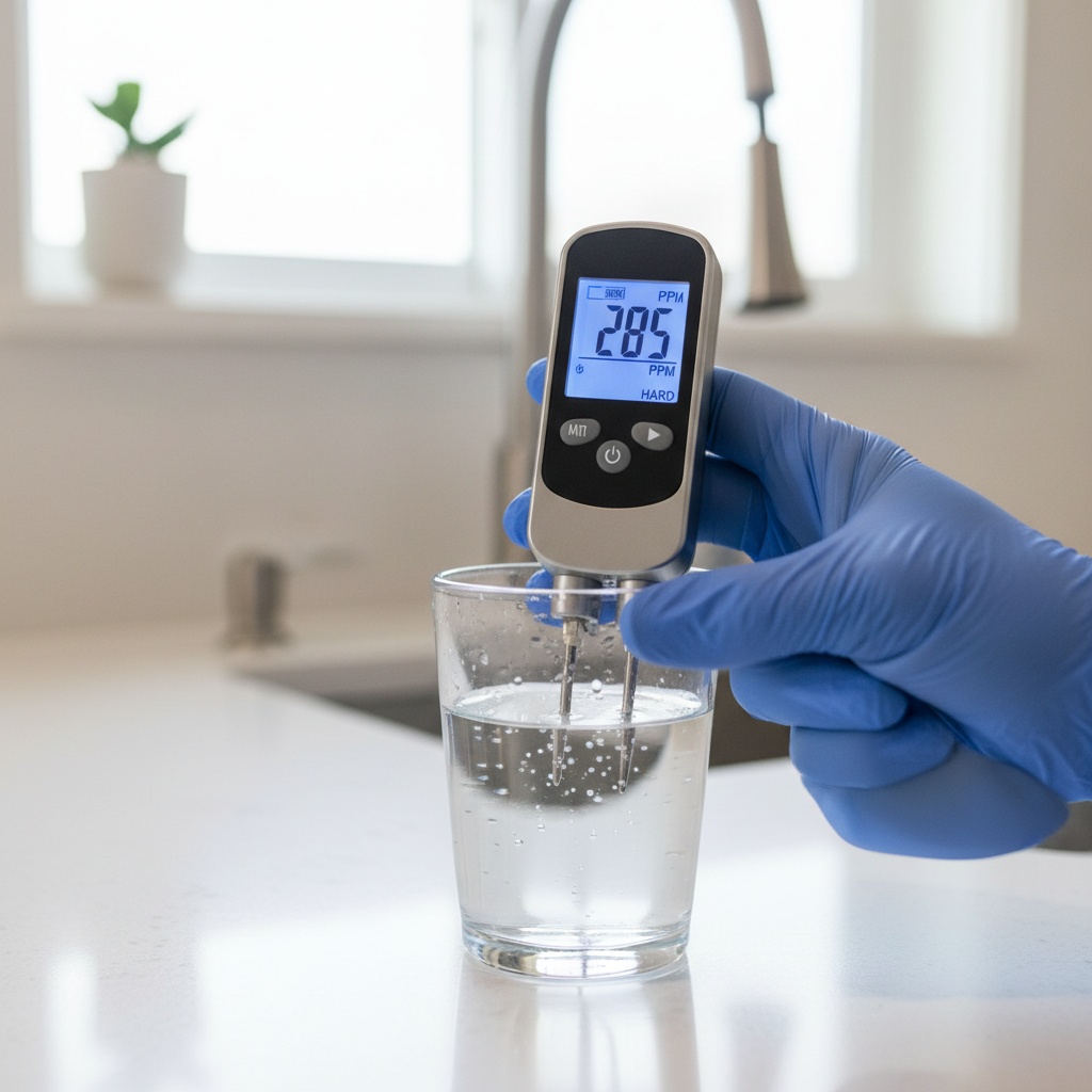 Technician holding digital TDS meter showing water hardness reading at kitchen faucet