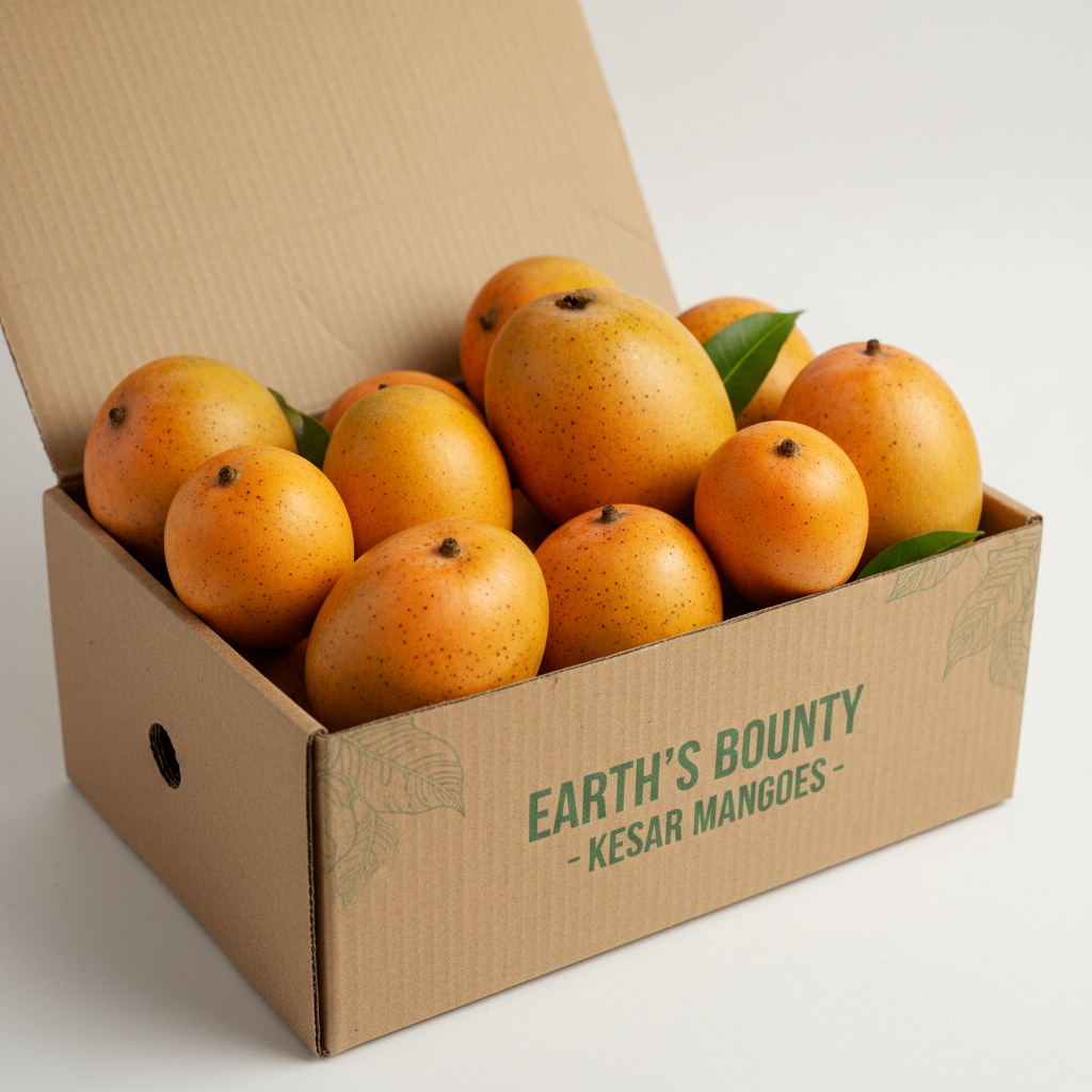 Bright orange Kesar mango slices in a fresh-cut fruit box with a wooden fork