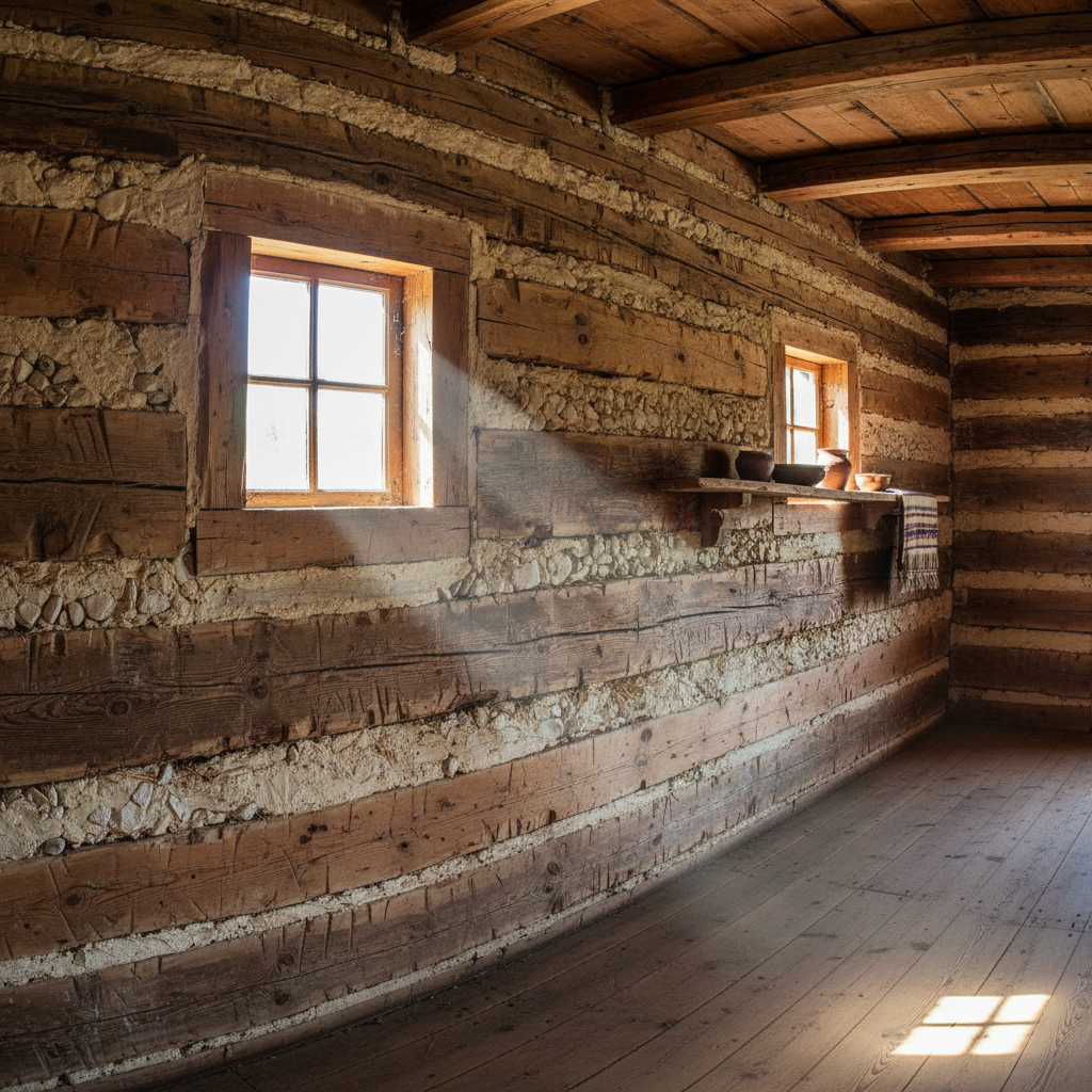 Interior wall of hewn log cabin showing visible grain and original chinking material