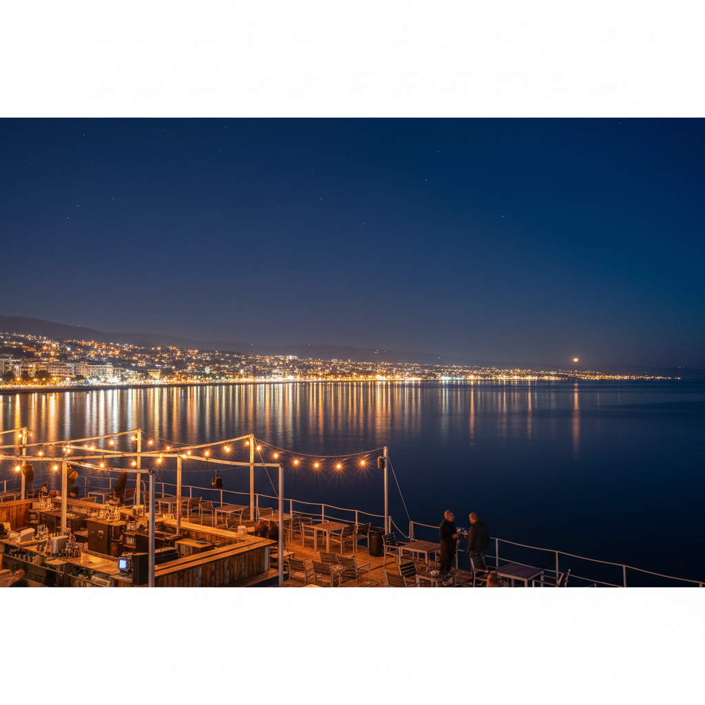 Night view from Onhezmus 1 floating bar with city lights of Saranda reflecting on calm sea water