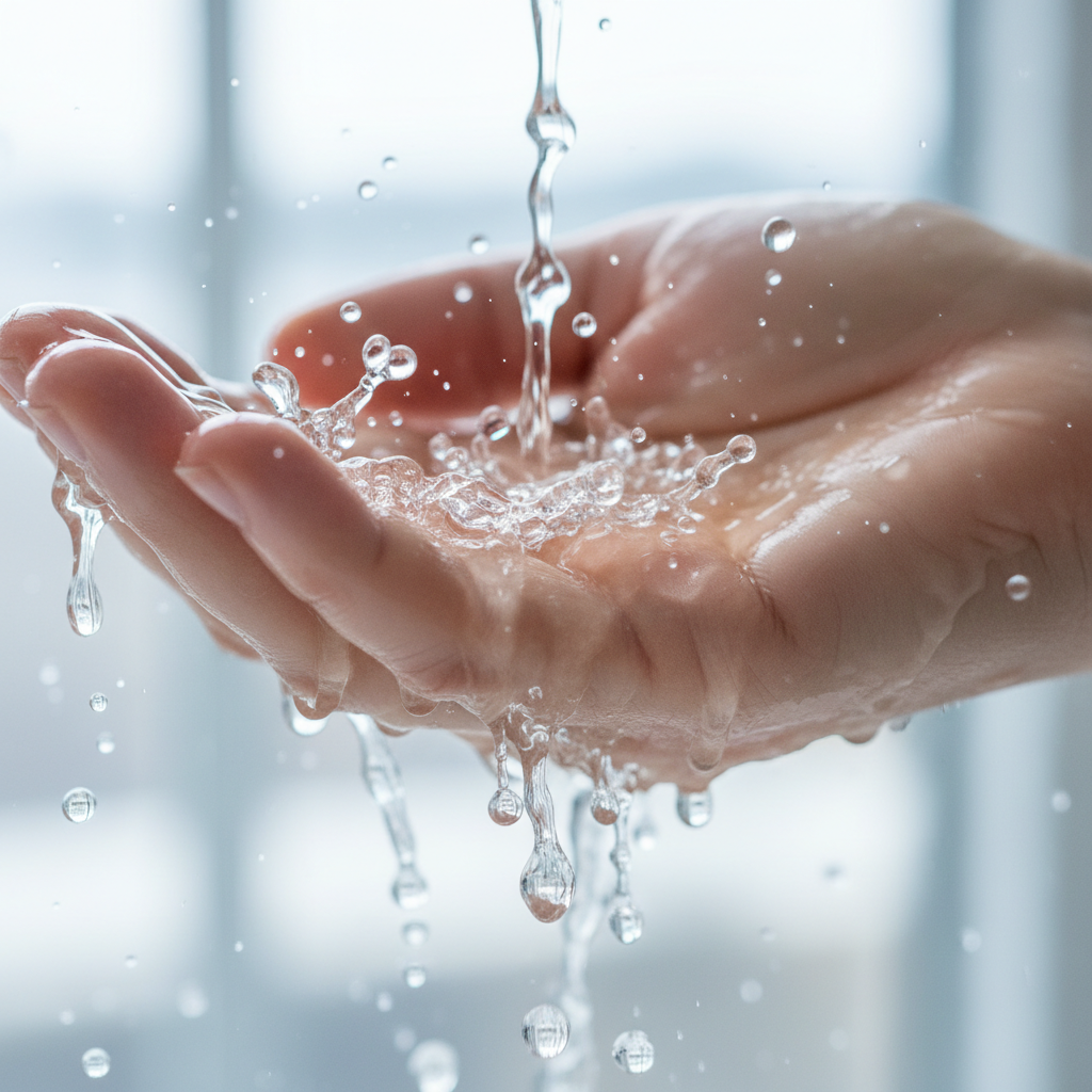Crystal clear water streaming over a hand beneath a polished chrome bathroom fixture, every droplet frozen and crystalline