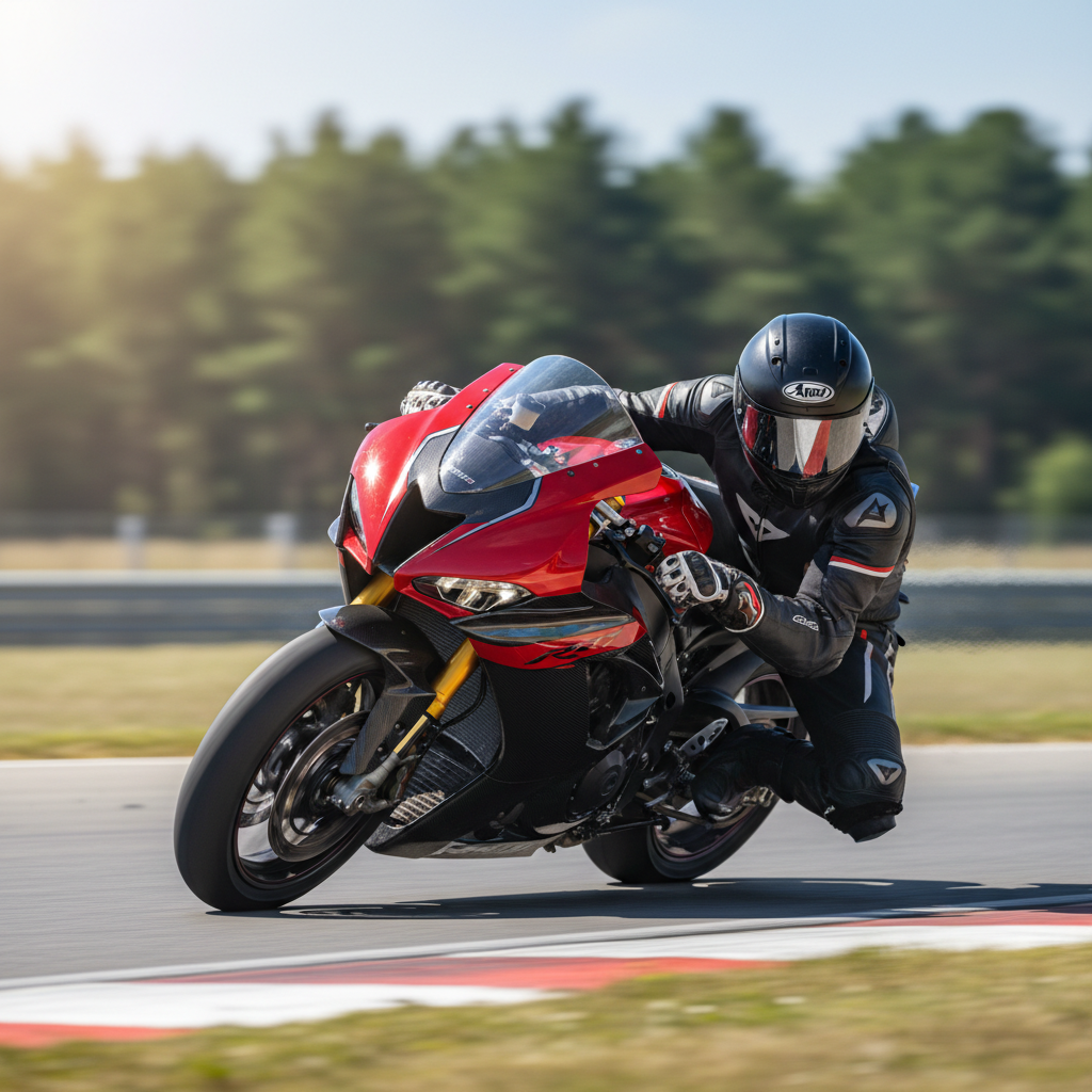 Sport bike leaned hard into a corner with camera low and shaking from speed