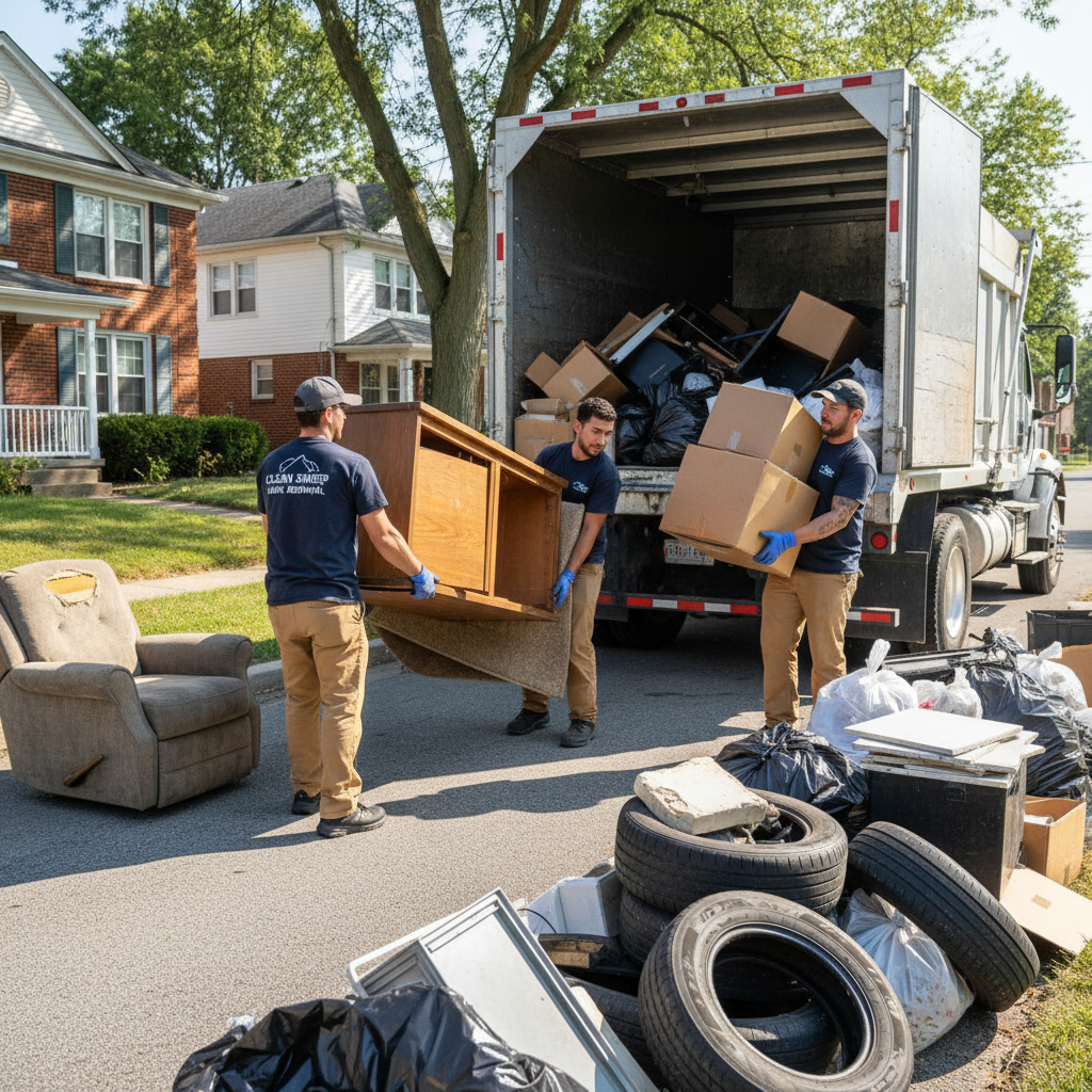 Junk removal professionals loading furniture onto a truck in a clean suburban neighborhood