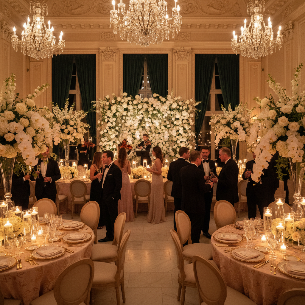 Fiesta privada elegante con decoración floral, iluminación cálida y ambiente sofisticado en salón de eventos