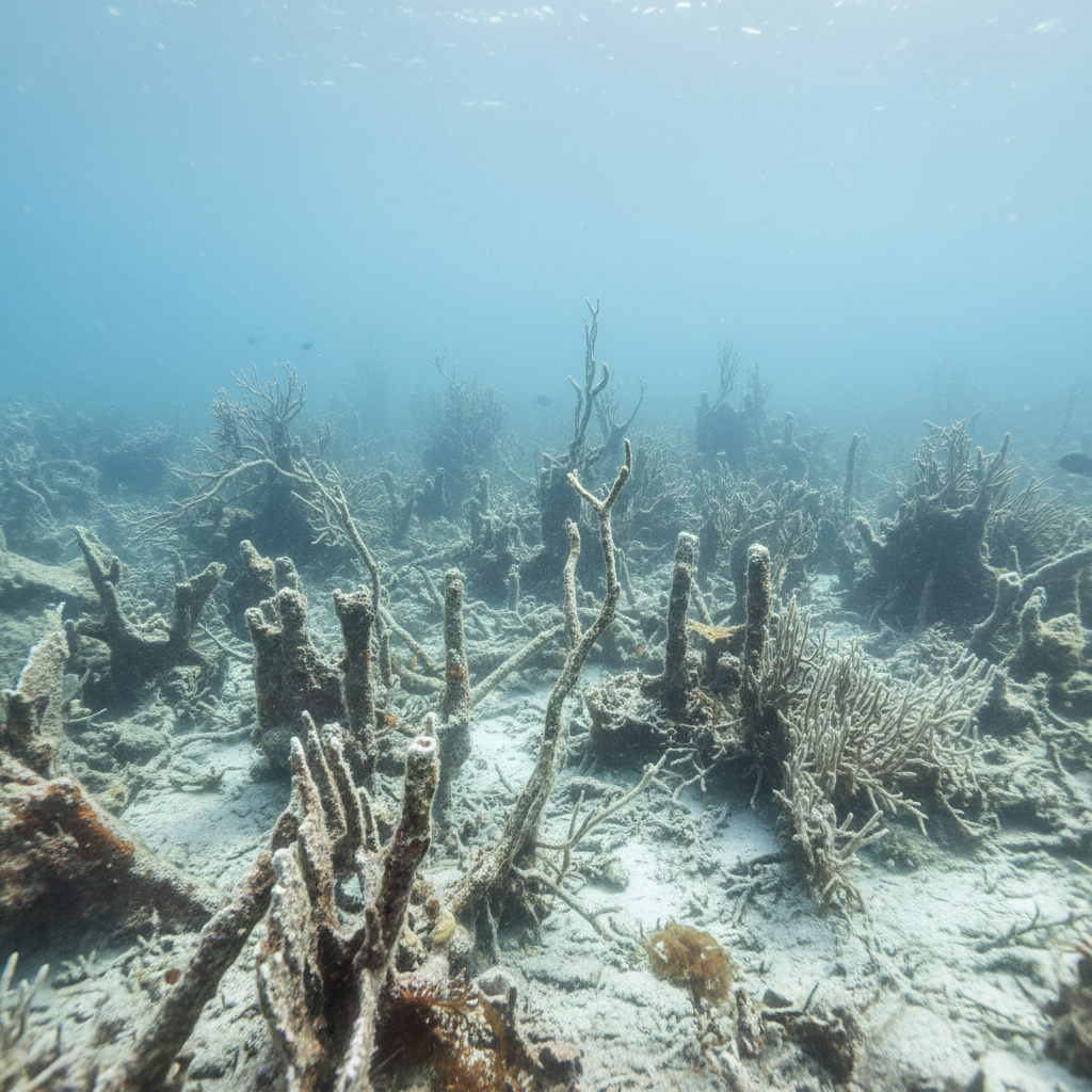Bleached white coral reef underwater in dark murky ocean water, ghostly pale formations, dramatic low visibility, atmospheric underwater darkness