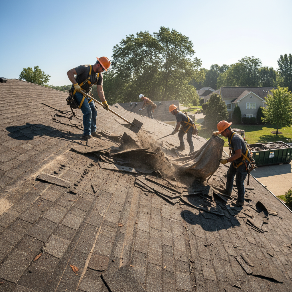 Crew removing old shingles during a full tear-off on a steep-pitch roof
