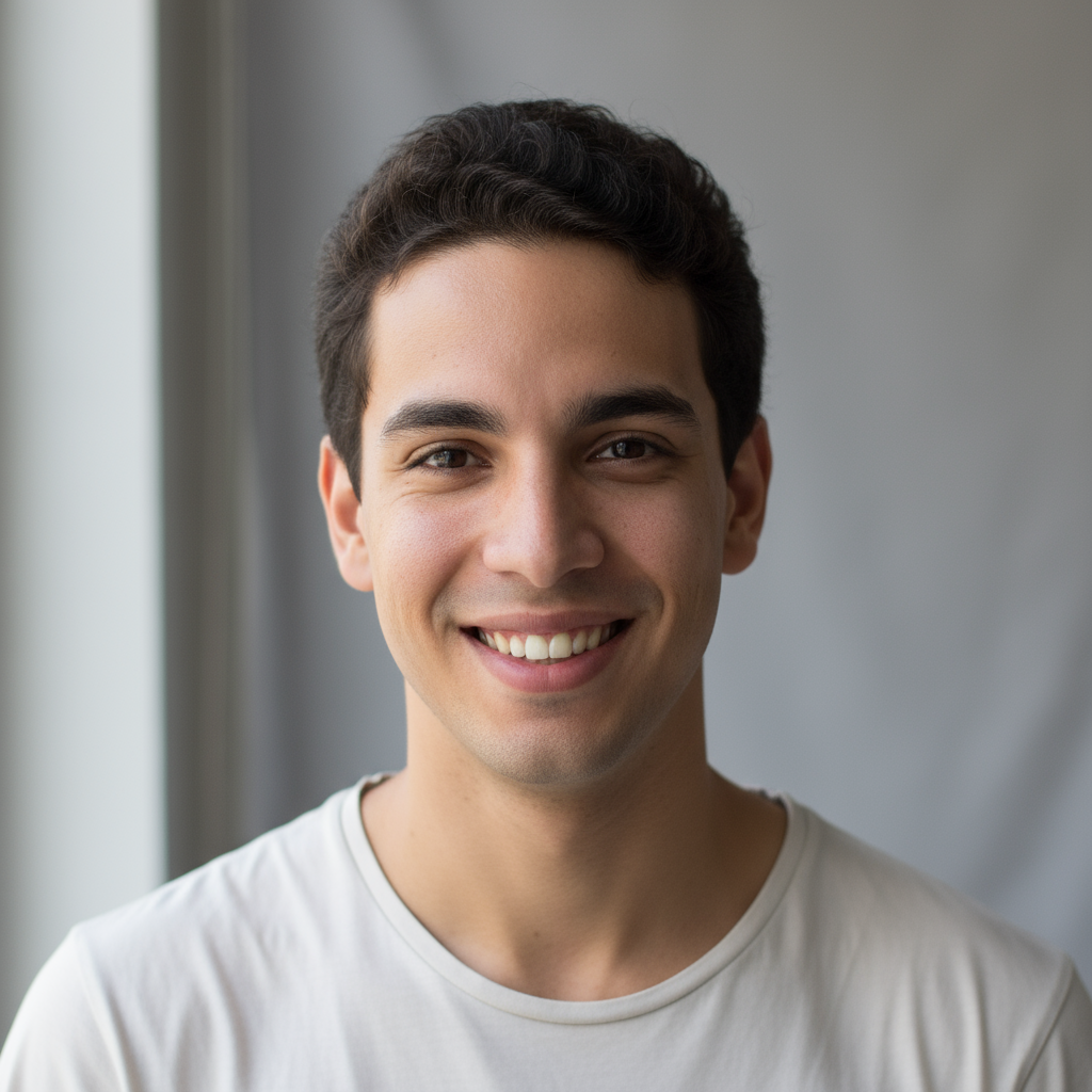 Young Brazilian man with dark hair, outdoor natural light portrait