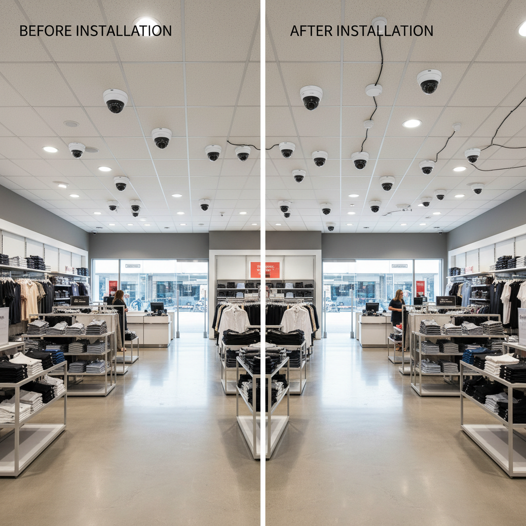 Professional CCTV installation project showing multiple camera angles and monitoring setup for retail store