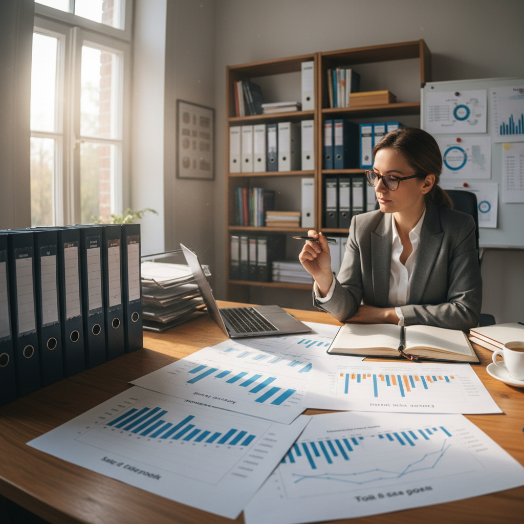 An advocacy professional documenting cases on a laptop with legal files and charts on the desk