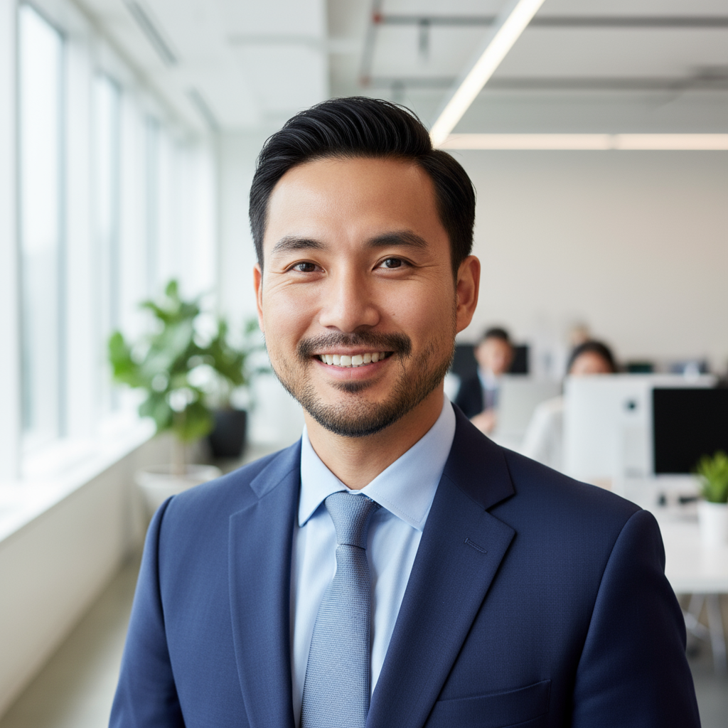 Professional portrait of Asian businessman Lu Bo-syong in navy suit with confident smile in modern office setting