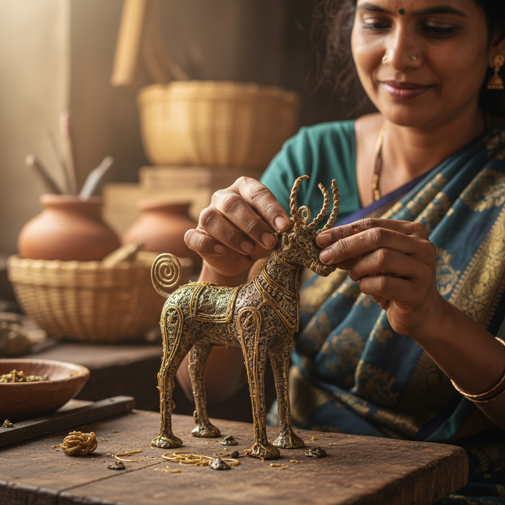 Dhokra Oil Lamp (Diya) — traditional bell metal lamp, warm candlelight glow