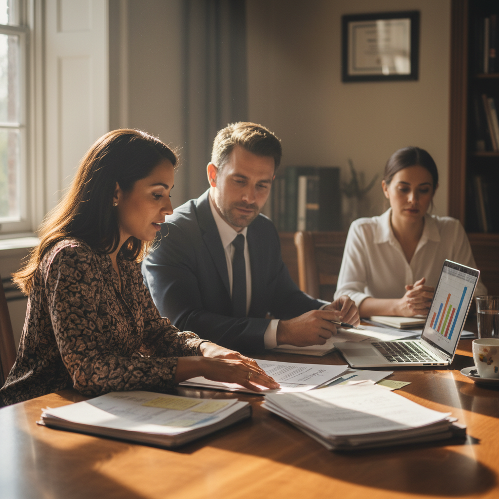 Business meeting investment strategy discussion, two professionals reviewing documents at desk, warm office lighting