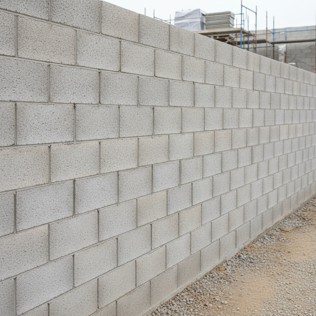 Plain concrete block exterior wall before brick veneer overlay installation