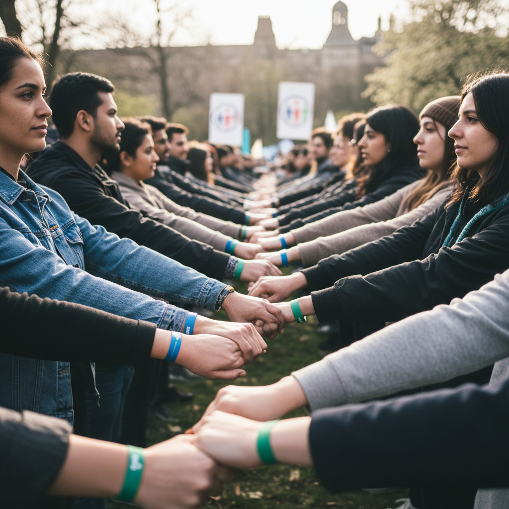 Diverse group of people holding hands in solidarity representing human rights and social equality in business