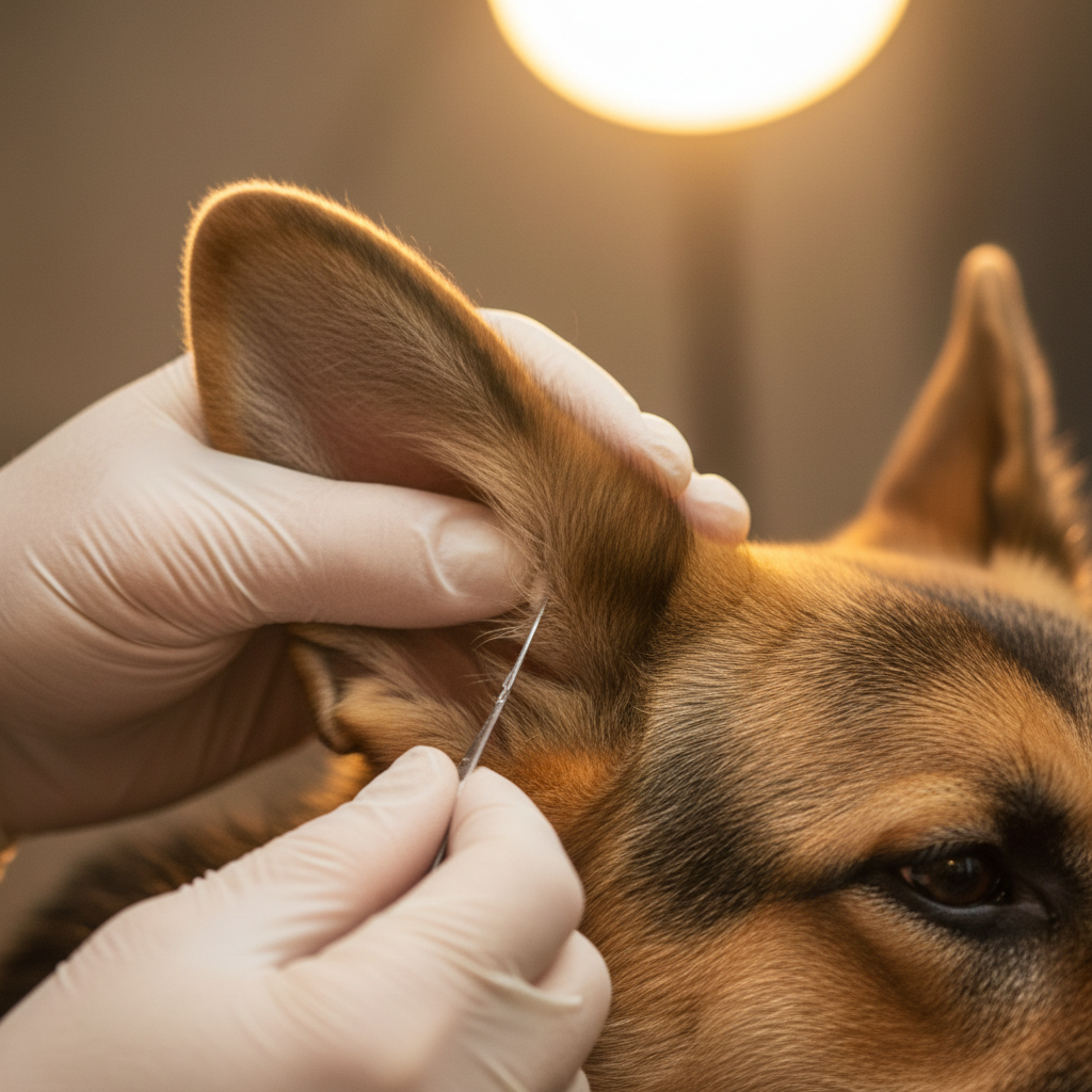 Groomer carefully working on German Shepherd ear detail, warm overhead light, focused close-up