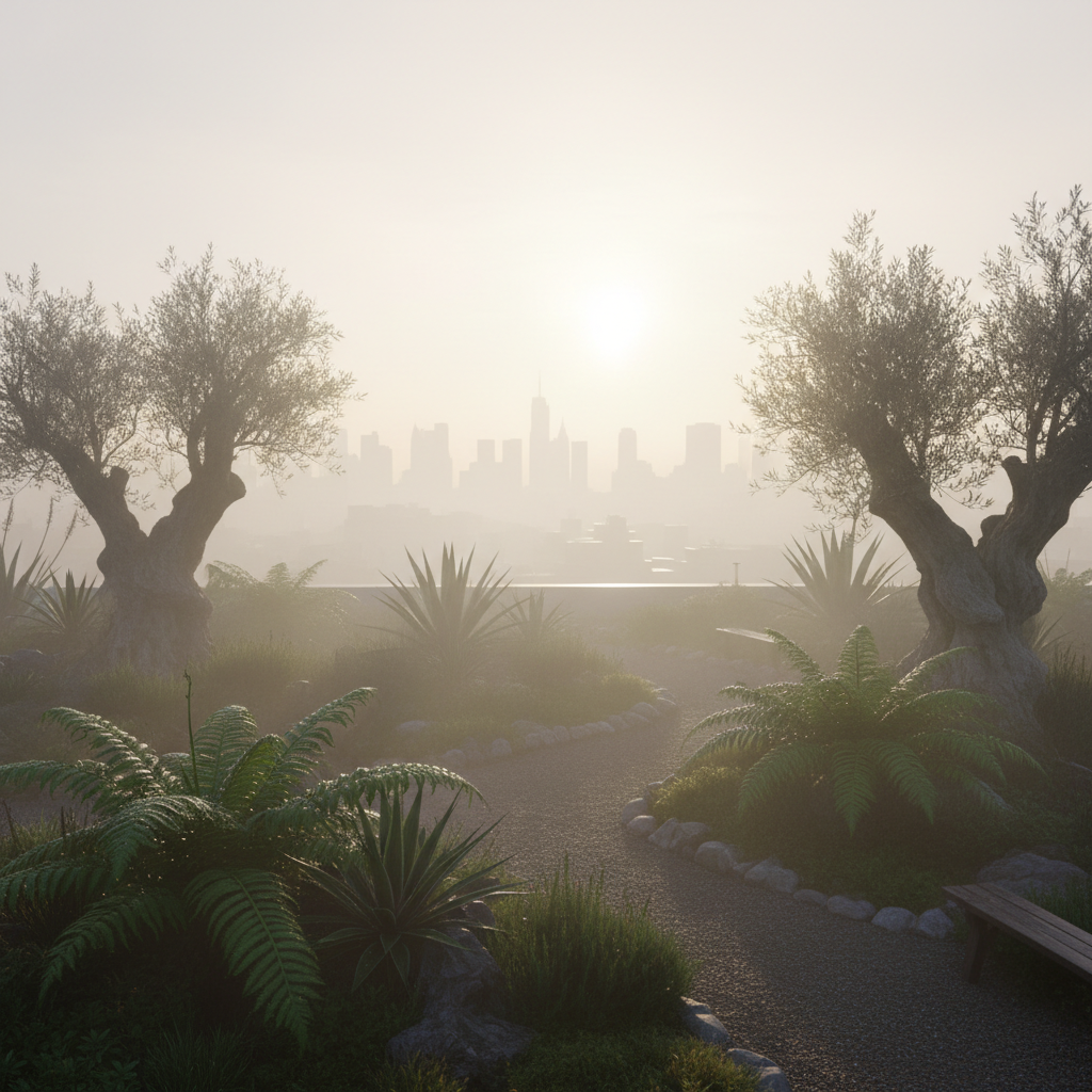Rooftop garden in dense San Francisco fog — specimen plants emerging from morning mist above the cityscape