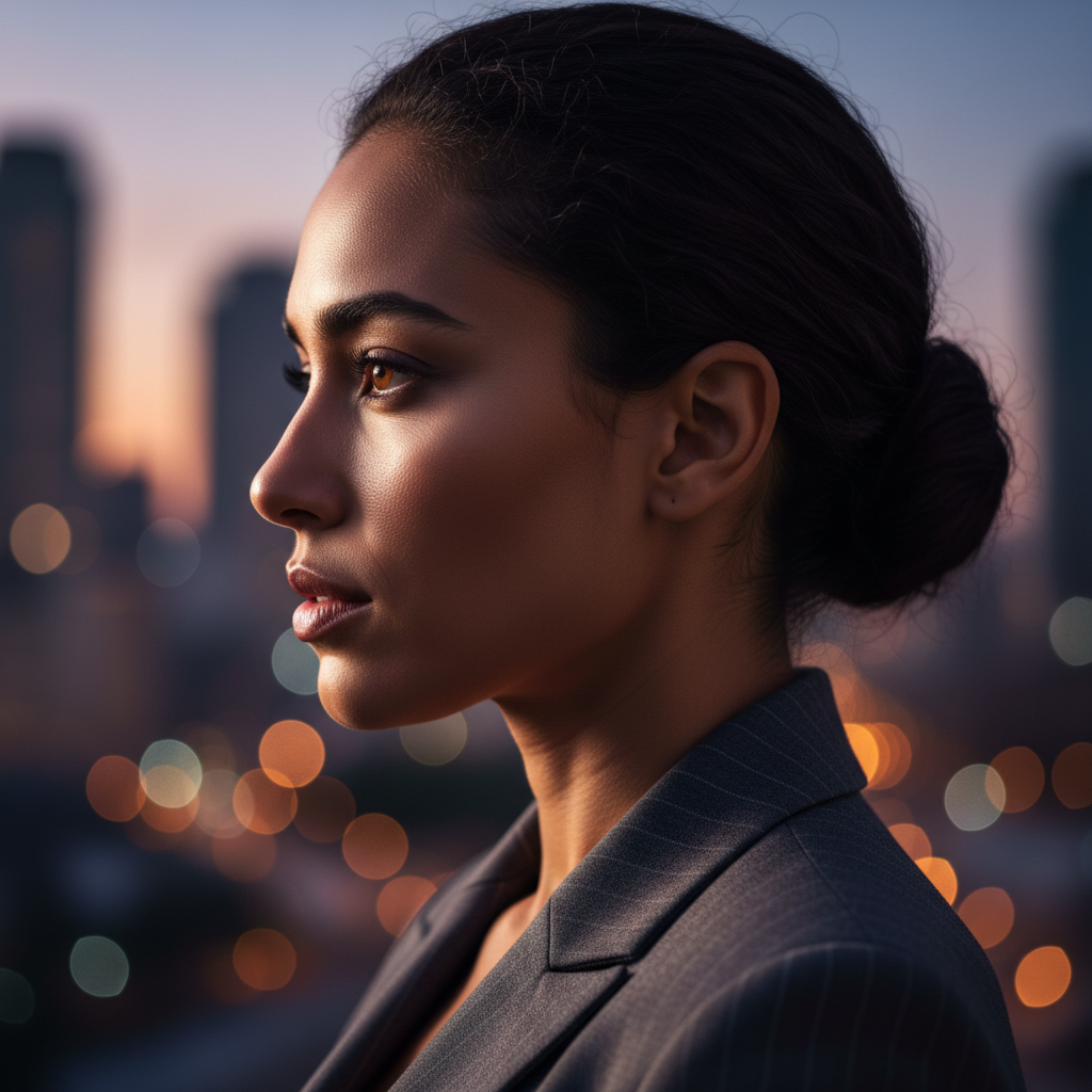 Professional woman, side profile, dramatic lighting