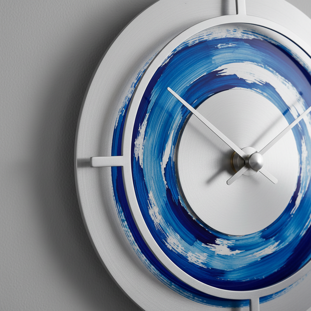 Enamel Orbit — Space Age wall clock, 20 inches diameter, Cobalt blue enamel with silver orbit-ring hour markers