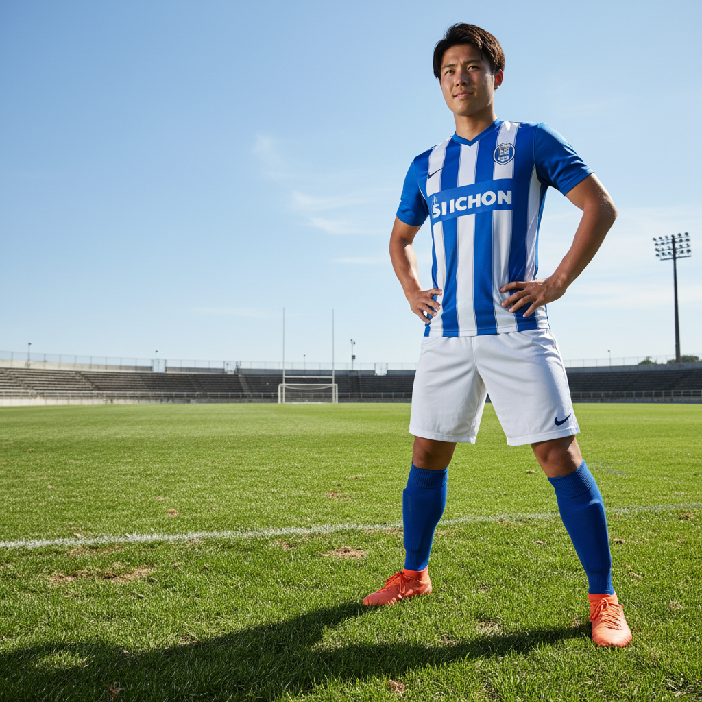 Young Japanese-American male soccer player Kai Nakamura in professional kit