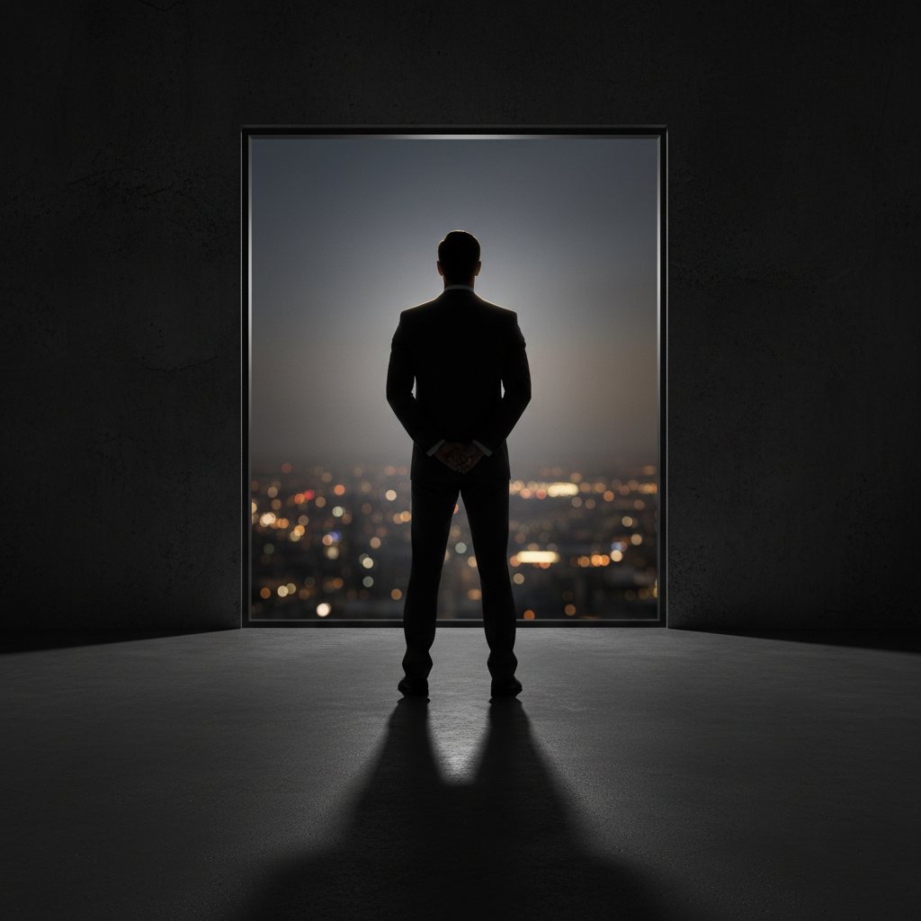 Executive silhouette in charcoal environment, directional shoulder lighting