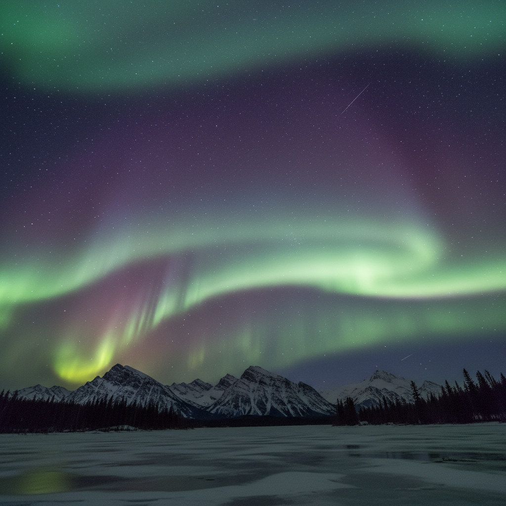 Nordlys i grønt og lilla over snødekte fjell i Tromsø