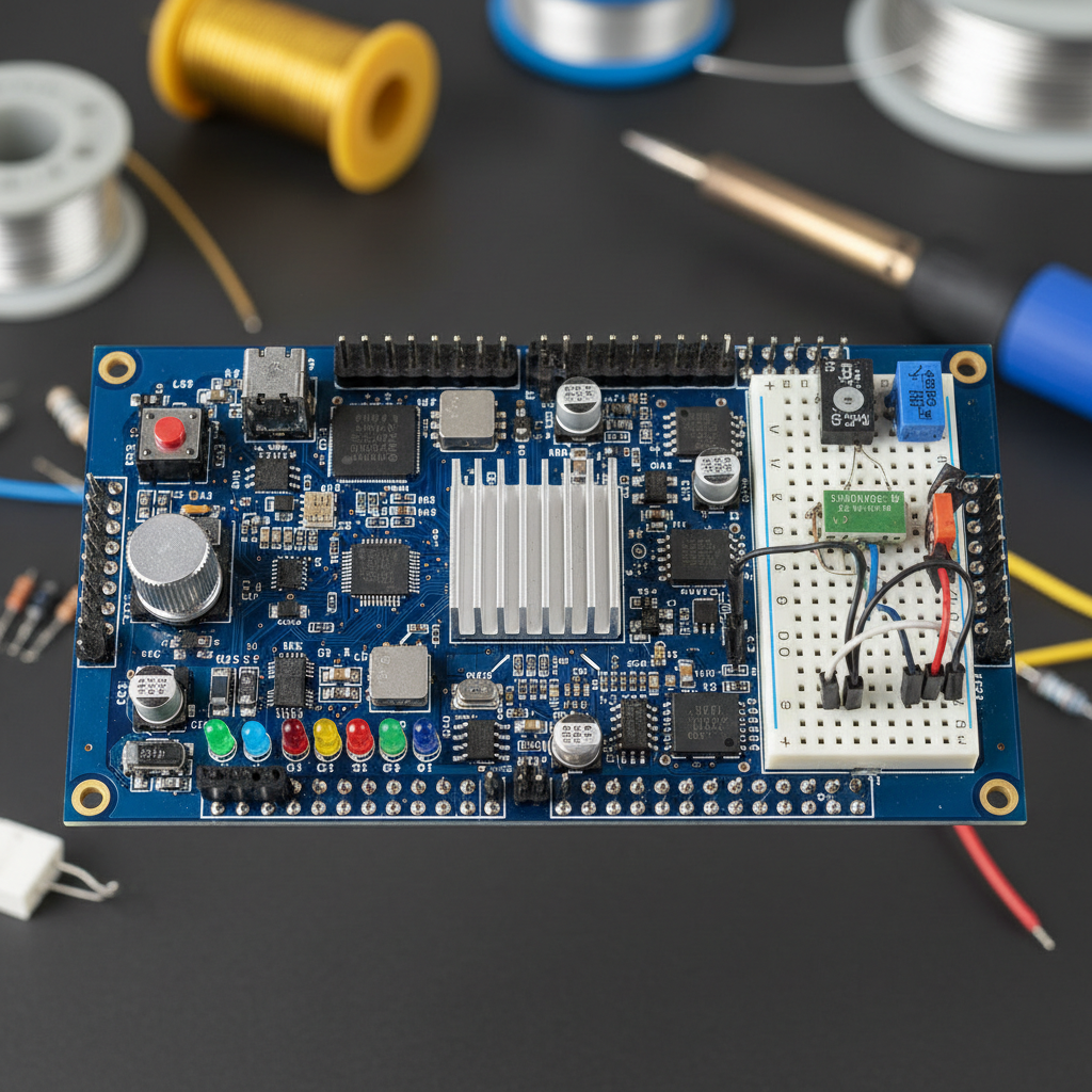 Glowing circuit board with dark background and deep blue LED lighting