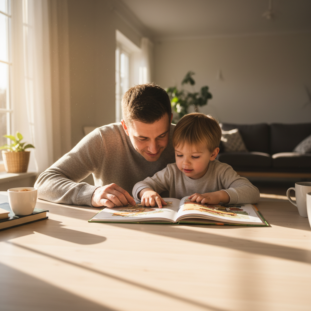 Parent and child reading a colorful storybook together on a bright sunny day, warm cozy home environment