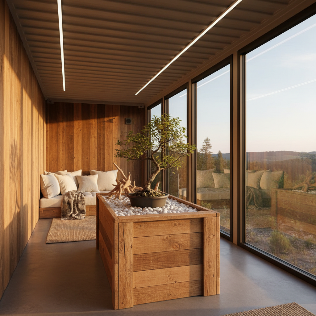 Vessel portfolio lookbook showing staged container interior with curated minimal decor and warm ambient lighting